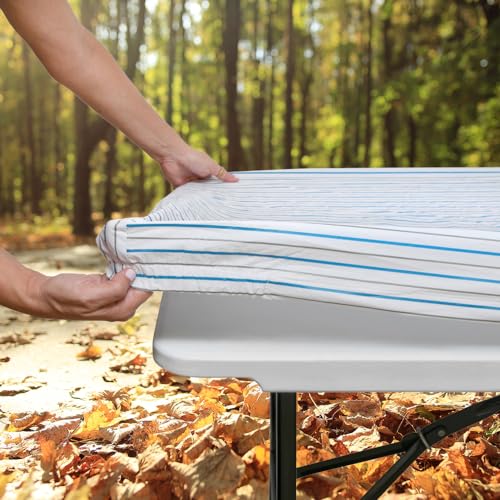 Tischdecke für Klapptisch, rechteckig, Kunststoff, Vinyl-Rückseite mit elastischem Rand, für Weihnachten, Partys, Picknick (Weiß mit Linien, 2,4 m, 81,3 x 243,8 cm) von moty