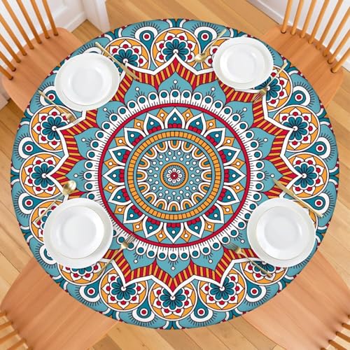 Runde Tischdecke mit elastischem Rand, Mandala, 107,7 cm / 122,9 cm, dehnbar, wasserabweisend und knitterfrei, Picknick, Grillparty, Essen, leicht zu reinigen und schmutzabweisend von mshcbui