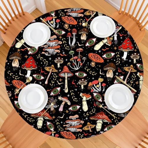 mshcbui Runde Tischdecke mit elastischem Rand, geeignet für runde Tische von 114,3 cm bis 132,1 cm, runde Outdoor-Tischdecke, Pilzmuster, leicht zu reinigen und schmutzabweisend von mshcbui