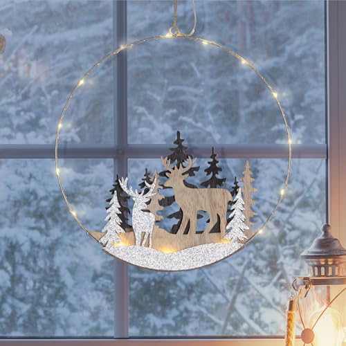 mucHome LED Dekoring Rentiere Ø 30cm Aufhänger Weihnachtsbeleuchtung Ring - mit 20 warmweiße LED-Leuchten - Weihnachten Winter Deko Hänge Metall Ring mit Holzfiguren von mucHome