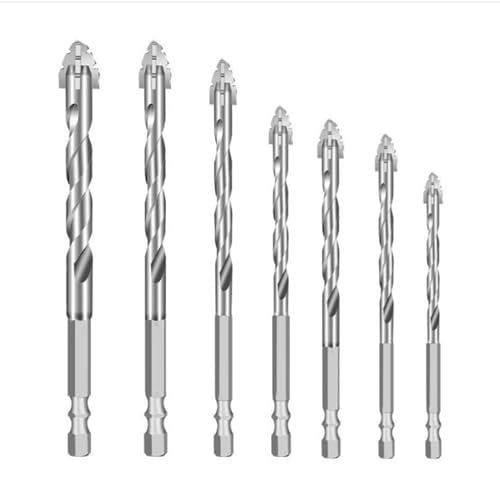 7-Teiliges Neuer Vierschneidiger Sägezahn-Exzenterbohrer, Vierschneidiger Gezackter Exzenterbohrer, Betonbohrer Set, 3/4/5/6/8/10/12mm, Hochharte Legierung, Schnelle Wärmeableitung (Silber) von mumisuto