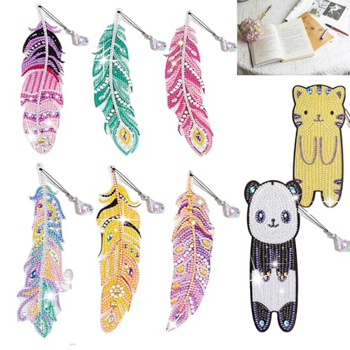 8 Stück Diamond Painting Lesezeichen, 5D Diamond Painting Feder Form Strass Bookmarks Kristall DIY Diamant Zeichnung Textmarken für Erwachsene Kinder Anfänger Kunsthandwerk Zubehör (A) von mumisuto