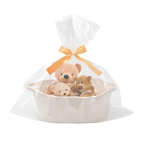 Geschenkkorb Leer Groß, Geflochten Geschenk Korb mit Geschenkfolie Transparent & Geschenkschleife, Korb für Geschenke aus Stoff mit Seitlichen Haltegriffen, Kreative Geschenkideen, Weiß von mumisuto