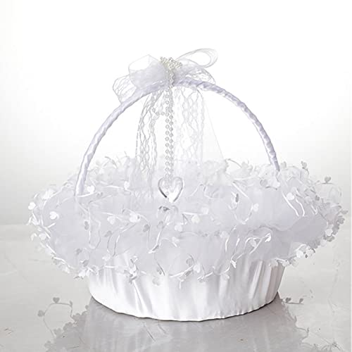 Weiß Hochzeit Blumenkorb, Blumenkorb für Hochzeiten Spitzenrand Blumenmädchen Korb mit Bowknot Blumenkorb mit Klappbarer Griff für Hochzeit, Heimdekoration von mumisuto
