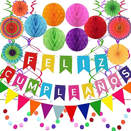 Feliz Cumpleanos Mexikanische Fiesta, spanisches Thema, Banner, Papierfächer, Hintergründe, Dekorationen, Zubehör mit bunten Papierblumen, Flagge, Wimpelkette, Konfetti, Wirbel, Luftschlangen, von mumu doceiog