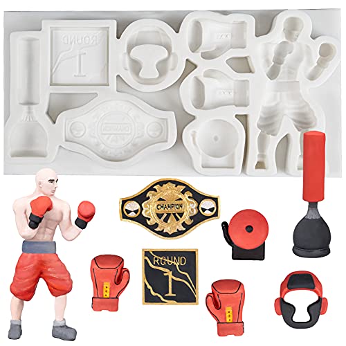 Boxen Silikonform Boxhandschuhe Fondant Kopfschutz Tortendeko Boxer Boxsack Champion Gürtel Schild für Runde 1 Glocke Epoxidharz Form 8 Muster von musykrafties