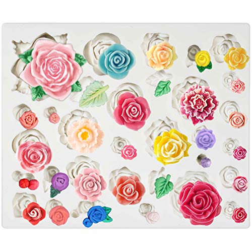 Blumen Silikonform 3D Mini Rosen Pfingstrose Knospe Blatt für Fondant Tortendeko Epoxidharz Anhänger 32- Hohlraum Blumen Silikonform 3D Mini Rosen Pfingstrose Knospe Blatt für Fondant Tortendeko Epoxidharz Anhänger 32- Hohlraum von musykrafties