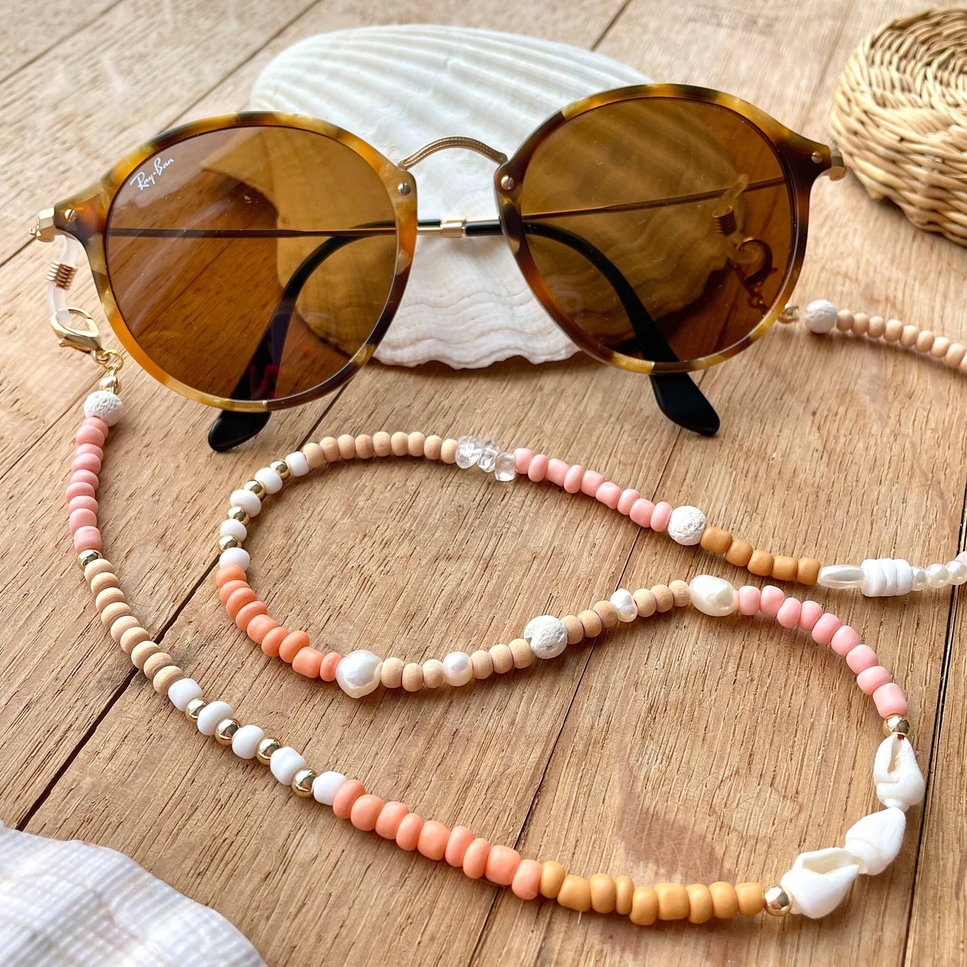 Sunglass Chain Accessoires Mask Holder For Glasses Shells Freshwater Pearls Strap Gift Beige Natural Tones von muymar