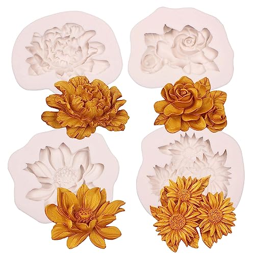 Silikonformen mit Rosen-Sonnenblumen, 3D-Pfingstrosen-Blume, Fondant-Formen für Kuchendekoration, Seife, Kerzen, Ton-Polymer, Aromatherapie, 4 Stück von muyulin