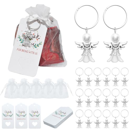 muzoira Engel-Schlüsselanhänger-Geschenk-Set, 30 Stück, mit Organza-Beuteln und Anhängern für Taufe, Kommunion, Hochzeit oder Geburtstag (30 Stück Angel30organza30Hangtags) von muzoira