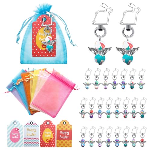 muzoira Osterengel Schlüsselanhänger – Hasenförmiger Taschenanhänger mit Eierkarte – 24 Stück DIY Party Dekoration für Osterfeiern von muzoira