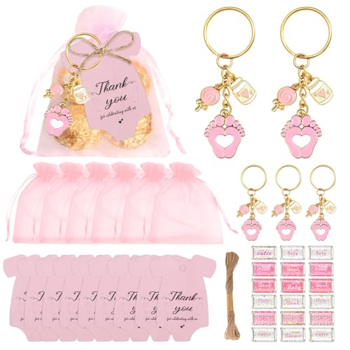 muzoira Schlüsselanhänger für Babypartys, Partygeschenke, 12 oder 24 Stück, rosa und blau, für Geburtstag oder Kindertag (12 Stück rosa) von muzoira