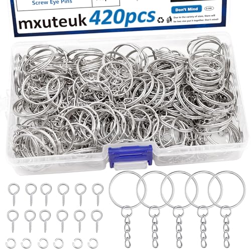 mxuteuk 420Pcs 1“ 25mm Schlüsselanhänger kette, einschließlich 140Pcs Keychain Ringe mit Kette, 140Pcs Jump Ring, 140Pcs Schraube Eye Pins für Schlüsselanhänger/Schmuck/DIY Keychain Ring von mxuteuk