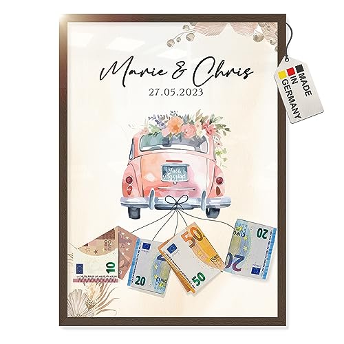 myDreamwork Personalisierte Geldgeschenke zur Hochzeit | Just Married Auto, Hochzeitsgeschenke Ideen | Auf Wunsch mit Holzrahmen - DIN A4 von myDreamwork