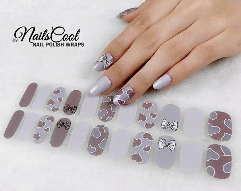 Beige Grau Farbe 3D Echt Nagellack Streifen Nailart Wraps Street Art Design Herzen & Schleifen 22 von myNailsCool