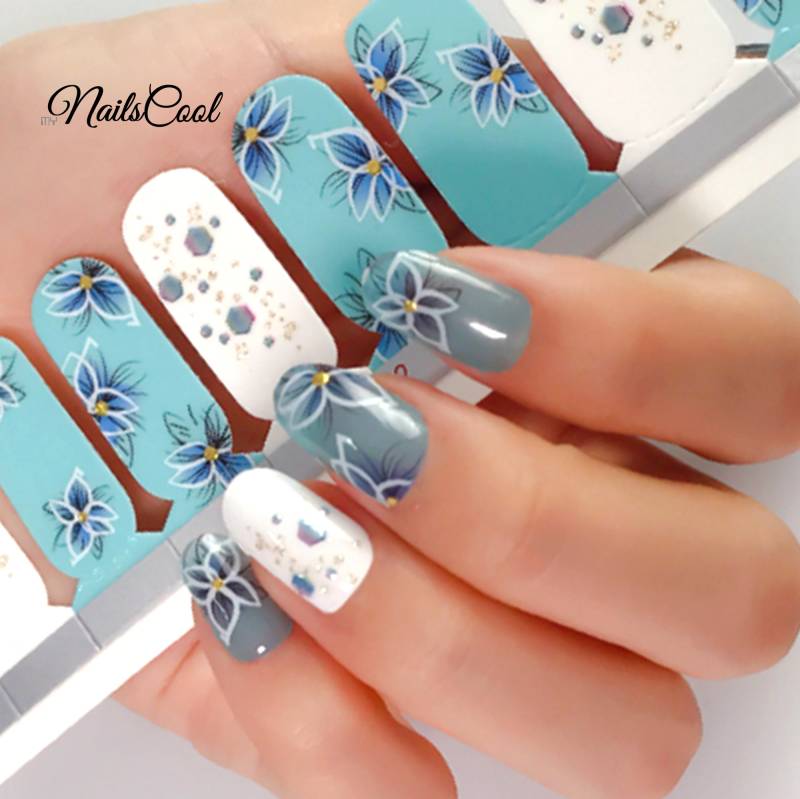 Hellblau Und Weiß Farbe Blume Echte Nagellack Streifen Nail Art Wraps Street Art 20 Glitzer 3D Dekoration von myNailsCool