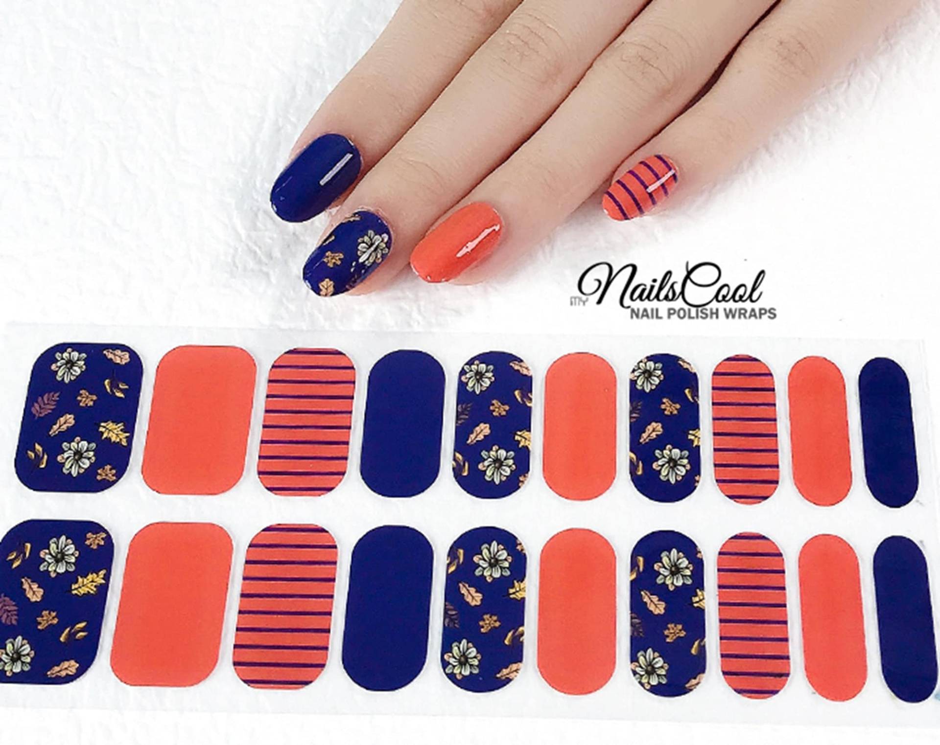 Orange & Indigo Blaue Farbe Echte Nagellack Streifen Nailart Wraps Street Art Design Blumen Blatt Muster 20 von myNailsCool