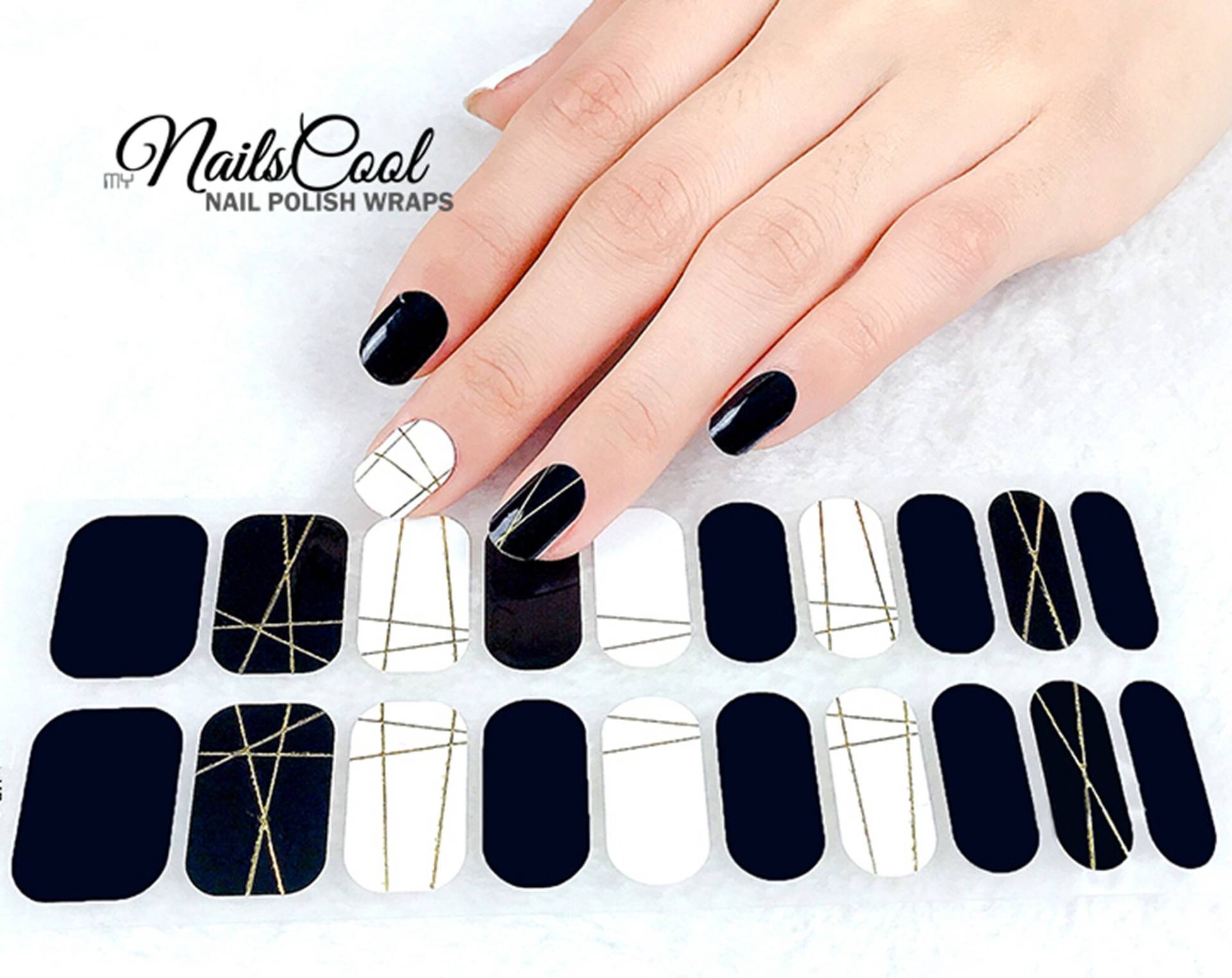 Schwarz & Weiß Farbe 3D Gold Straight Lines Echter Nagellack Streifen Nailart Wraps Street Art 20 Strips von myNailsCool