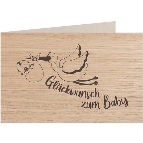 myZirbe Holzkarte - Glückwunsch zum Baby Storch - 100% handmade in Österreich - Postkarte, Geschenkkarte, Grußkarte, Klappkarte, Karte, Einladung, Holzart:Eiche von myZirbe