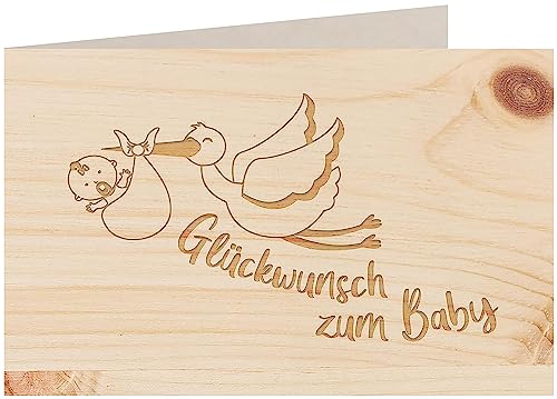 myZirbe Holzkarte - Glückwunsch zum Baby Storch - 100% handmade in Österreich - Postkarte, Geschenkkarte, Grußkarte, Klappkarte, Karte, Einladung, Holzart:Zirbe von myZirbe