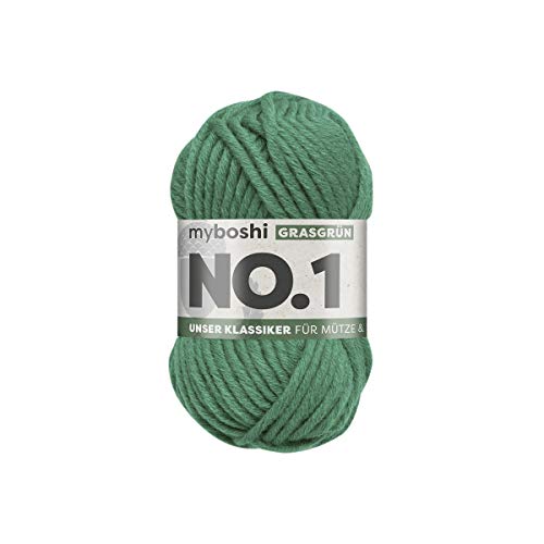 myboshi No.1 Wolle zum Häkeln und Stricken, Schnellstrickgarn, langlebige Mützenwolle, Strickwolle, Häkelwolle, mulesing-frei, 50g, Ll 55m Grün (Grasgrün) 1 Knäuel von myboshi