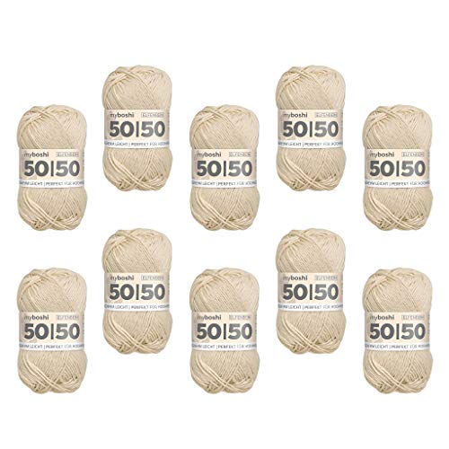 myboshi 50/50-Ganzjahres-Wolle aus Baum- und Merinowolle, für Oberbekleidung geeignet, Mulesing-frei, hochwertiges Häkel-/Strickgarn, 50g, Ll 110m Beige (Elfenbein), 10 Knäuel von myboshi