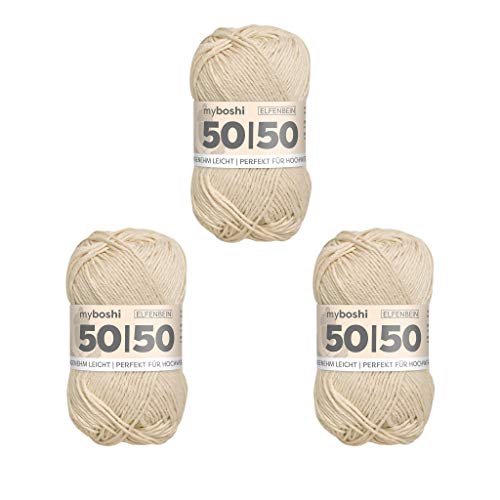 myboshi 50/50-Ganzjahres-Wolle aus Baum- und Merinowolle, für Oberbekleidung geeignet, Mulesing-frei, hochwertiges Häkel-/Strickgarn, 50g, Ll 110m Beige (Elfenbein), 3 Knäuel von myboshi