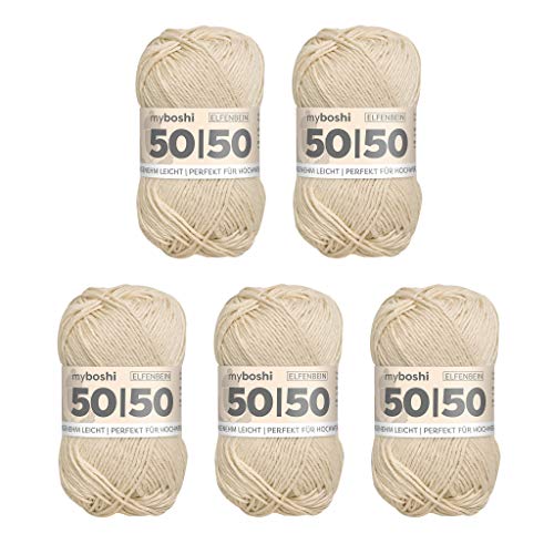myboshi 50/50-Ganzjahres-Wolle aus Baum- und Merinowolle, für Oberbekleidung geeignet, Mulesing-frei, hochwertiges Häkel-/Strickgarn, 50g, Ll 110m Beige (Elfenbein), 5 Knäuel von myboshi