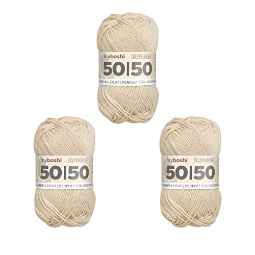 myboshi 50/50-Ganzjahres-Wolle aus Baum- und Merinowolle, für Oberbekleidung geeignet, Mulesing-frei, hochwertiges Häkel-/Strickgarn, 50g, Ll 110m Beige (Elfenbein) 3 Knäuel von myboshi
