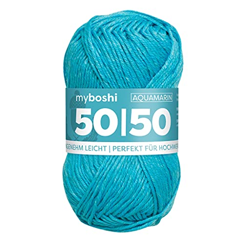 myboshi 50/50-Ganzjahres-Wolle aus Baum- und Merinowolle, für Oberbekleidung geeignet, Mulesing-frei, hochwertiges Häkel-/Strickgarn, 50g, Ll 110m Blau (Aquamarin) 1 Knäuel von myboshi