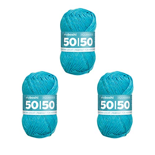 myboshi 50/50-Ganzjahres-Wolle aus Baum- und Merinowolle, für Oberbekleidung geeignet, Mulesing-frei, hochwertiges Häkel-/Strickgarn, 50g, Ll 110m Blau (Aquamarin) 3 Knäuel von myboshi