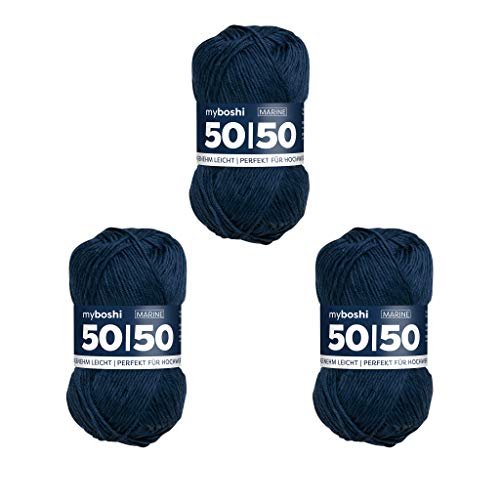 myboshi 50/50-Ganzjahres-Wolle aus Baum- und Merinowolle, für Oberbekleidung geeignet, Mulesing-frei, hochwertiges Häkel-/Strickgarn, 50g, Ll 110m Blau (Marine), 3 Knäuel von myboshi
