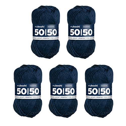 myboshi 50/50-Ganzjahres-Wolle aus Baum- und Merinowolle, für Oberbekleidung geeignet, Mulesing-frei, hochwertiges Häkel-/Strickgarn, 50g, Ll 110m Blau (Marine), 5 Knäuel von myboshi