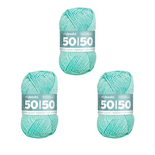 myboshi 50/50-Ganzjahres-Wolle aus Baum- und Merinowolle, für Oberbekleidung geeignet, Mulesing-frei, hochwertiges Häkel-/Strickgarn, 50g, Ll 110m Blau (Meerblau), 3 Knäuel von myboshi