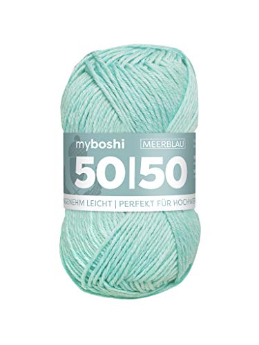 myboshi 50/50-Ganzjahres-Wolle aus Baum- und Merinowolle, für Oberbekleidung geeignet, Mulesing-frei, hochwertiges Häkel-/Strickgarn, 50g, Ll 110m Blau (Meerblau), 1 Knäuel von myboshi