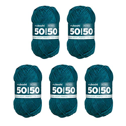 myboshi 50/50-Ganzjahres-Wolle aus Baum- und Merinowolle, für Oberbekleidung geeignet, Mulesing-frei, hochwertiges Häkel-/Strickgarn, 50g, Ll 110m Blau (Petrol), 5 Knäuel von myboshi