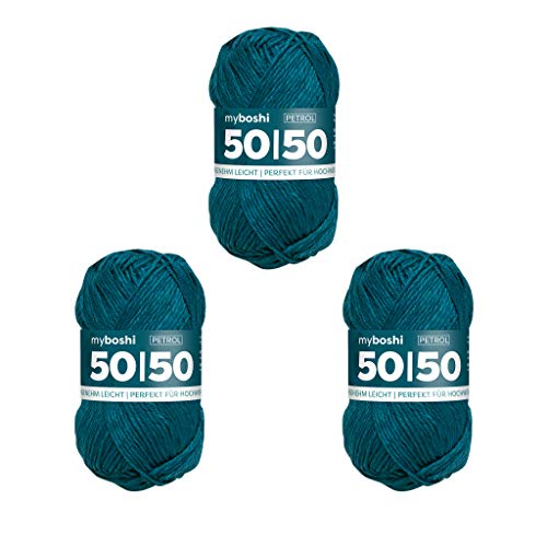 myboshi 50/50-Ganzjahres-Wolle aus Baum- und Merinowolle, für Oberbekleidung geeignet, Mulesing-frei, hochwertiges Häkel-/Strickgarn, 50g, Ll 110m Blau (Petrol) 3 Knäuel von myboshi