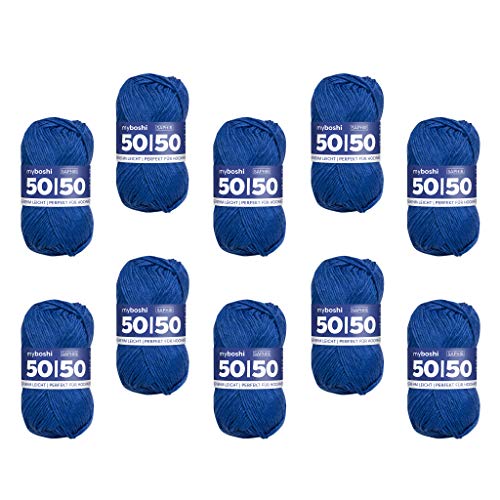 myboshi 50/50-Ganzjahres-Wolle aus Baum- und Merinowolle, für Oberbekleidung geeignet, Mulesing-frei, hochwertiges Häkel-/Strickgarn, 50g, Ll 110m Blau (Saphir), 10 Knäuel von myboshi