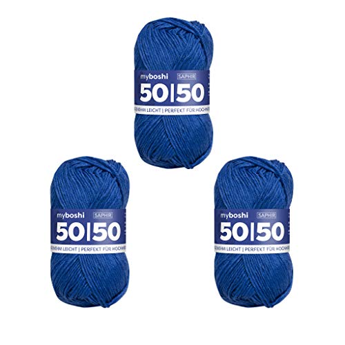 myboshi 50/50-Ganzjahres-Wolle aus Baum- und Merinowolle, für Oberbekleidung geeignet, Mulesing-frei, hochwertiges Häkel-/Strickgarn, 50g, Ll 110m Blau (Saphir), 3 Knäuel von myboshi