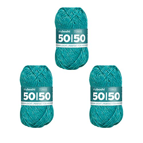 myboshi 50/50-Ganzjahres-Wolle aus Baum- und Merinowolle, für Oberbekleidung geeignet, Mulesing-frei, hochwertiges Häkel-/Strickgarn, 50g, Ll 110m Blau (Türkis), 3 Knäuel von myboshi