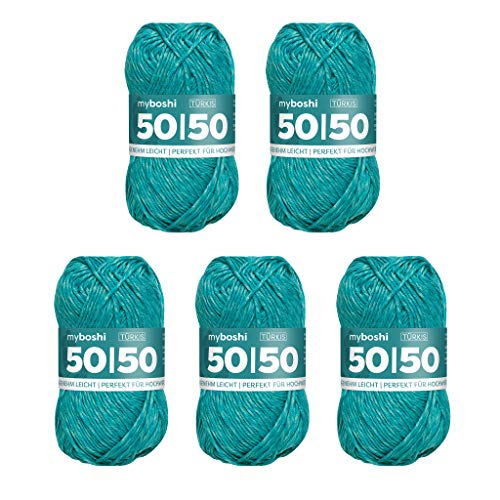 myboshi 50/50-Ganzjahres-Wolle aus Baum- und Merinowolle, für Oberbekleidung geeignet, Mulesing-frei, hochwertiges Häkel-/Strickgarn, 50g, Ll 110m Blau (Türkis) 5 Knäuel von myboshi