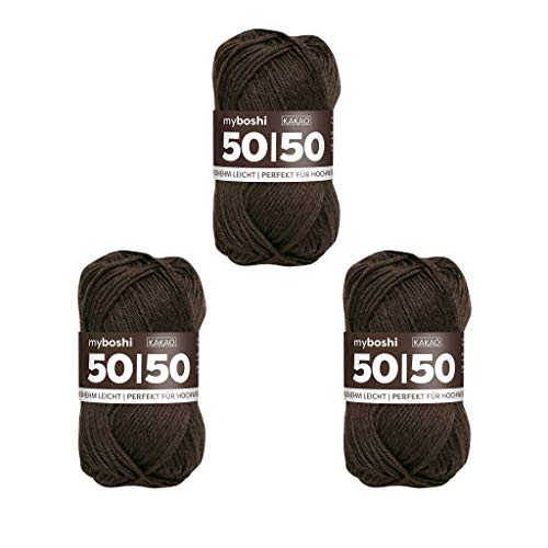 myboshi 50/50-Ganzjahres-Wolle aus Baum- und Merinowolle, für Oberbekleidung geeignet, Mulesing-frei, hochwertiges Häkel-/Strickgarn, 50g, Ll 110m Braun (Kakao), 3 Knäuel von myboshi