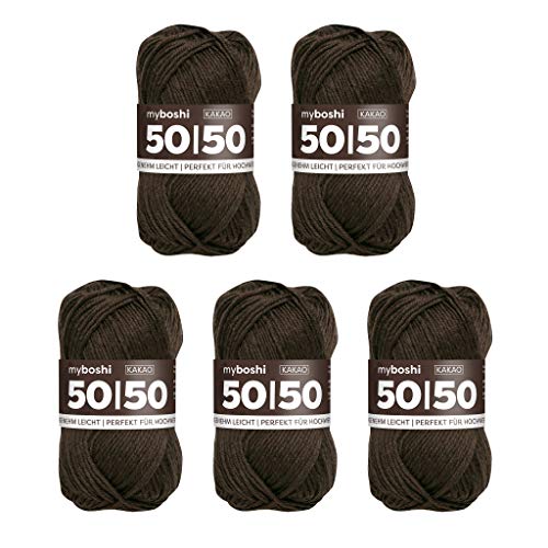 myboshi 50/50-Ganzjahres-Wolle aus Baum- und Merinowolle, für Oberbekleidung geeignet, Mulesing-frei, hochwertiges Häkel-/Strickgarn, 50g, Ll 110m Braun (Kakao), 5 Knäuel von myboshi