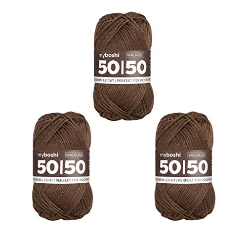 myboshi 50/50-Ganzjahres-Wolle aus Baum- und Merinowolle, für Oberbekleidung geeignet, Mulesing-frei, hochwertiges Häkel-/Strickgarn, 50g, Ll 110m Braun (Walnuss), 3 Knäuel von myboshi