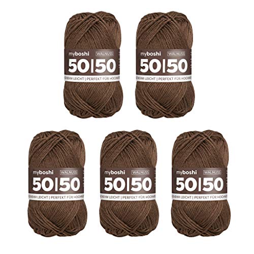 myboshi 50/50-Ganzjahres-Wolle aus Baum- und Merinowolle, für Oberbekleidung geeignet, Mulesing-frei, hochwertiges Häkel-/Strickgarn, 50g, Ll 110m Braun (Walnuss), 5 Knäuel von myboshi