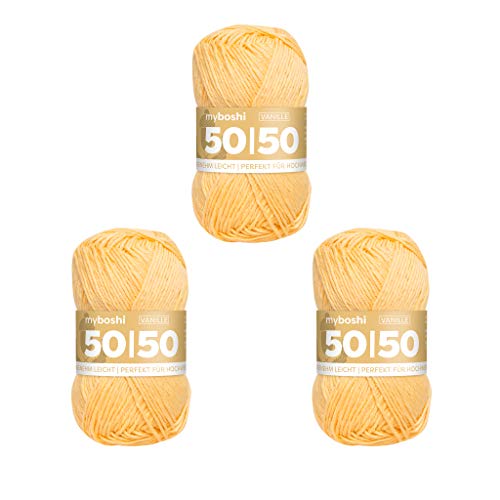 myboshi 50/50-Ganzjahres-Wolle aus Baum- und Merinowolle, für Oberbekleidung geeignet, Mulesing-frei, hochwertiges Häkel-/Strickgarn, 50g, Ll 110m Gelb (Vanille), 3 Knäuel von myboshi