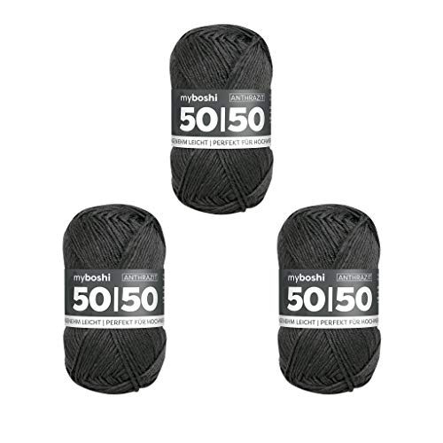 myboshi 50/50-Ganzjahres-Wolle aus Baum- und Merinowolle, für Oberbekleidung geeignet, Mulesing-frei, hochwertiges Häkel-/Strickgarn, 50g, Ll 110m Grau (Anthrazit), 3 Knäuel von myboshi