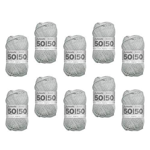 myboshi 50/50-Ganzjahres-Wolle aus Baum- und Merinowolle, für Oberbekleidung geeignet, Mulesing-frei, hochwertiges Häkel-/Strickgarn, 50g, Ll 110m Grau (Silber), 10 Knäuel von myboshi