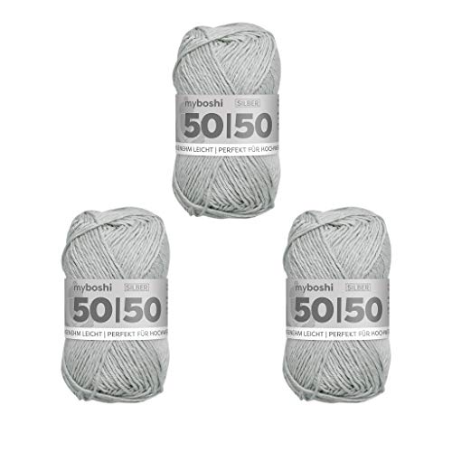 myboshi 50/50-Ganzjahres-Wolle aus Baum- und Merinowolle, für Oberbekleidung geeignet, Mulesing-frei, hochwertiges Häkel-/Strickgarn, 50g, Ll 110m Grau (Silber), 3 Knäuel von myboshi