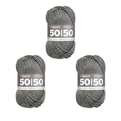 myboshi 50/50-Ganzjahres-Wolle aus Baum- und Merinowolle, für Oberbekleidung geeignet, Mulesing-frei, hochwertiges Häkel-/Strickgarn, 50g, Ll 110m Grau (Titangrau), 3 Knäuel von myboshi